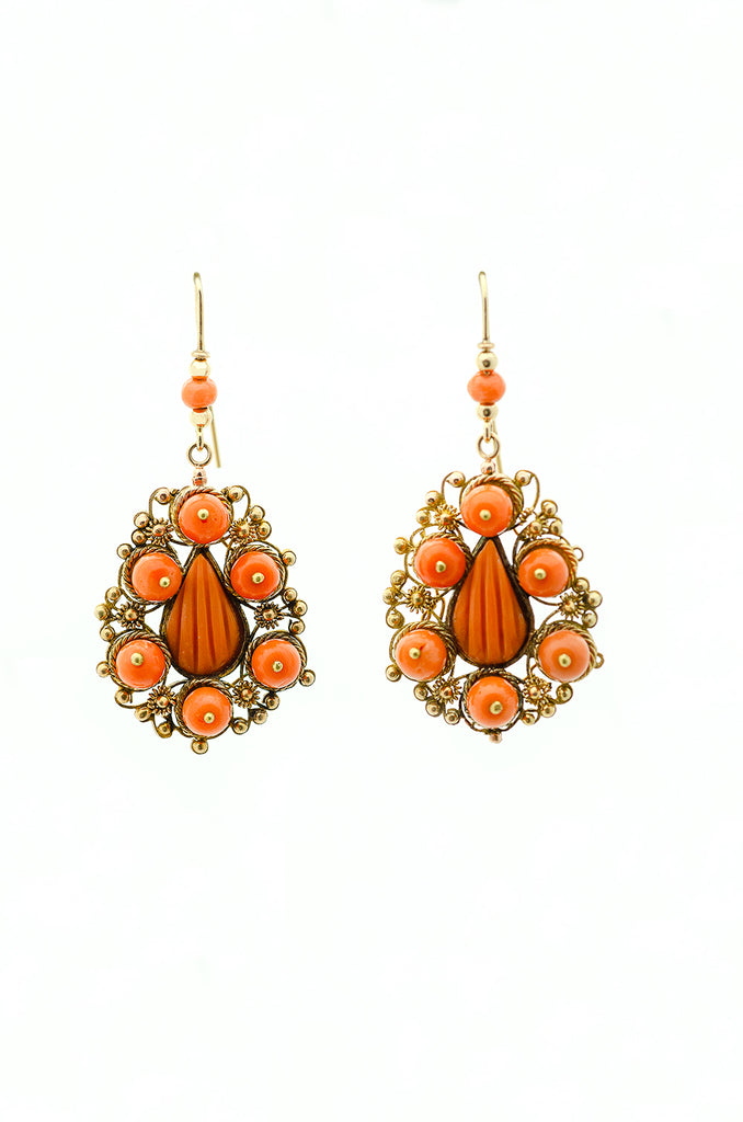 18 carat gold antique coral drop earrings made in the 1880's